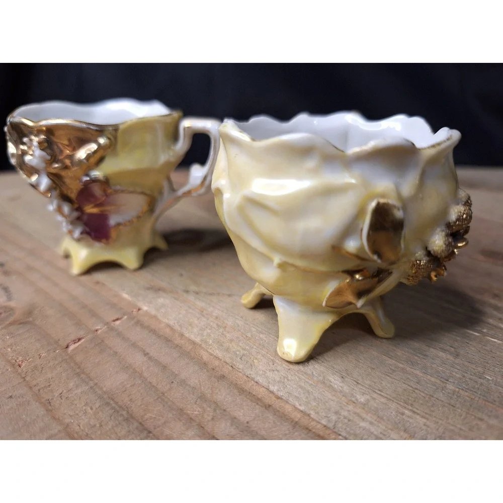 Vintage Footed Lusterware Porcelain Teacups Gold Gilt 3D Floral Applique Set / 2